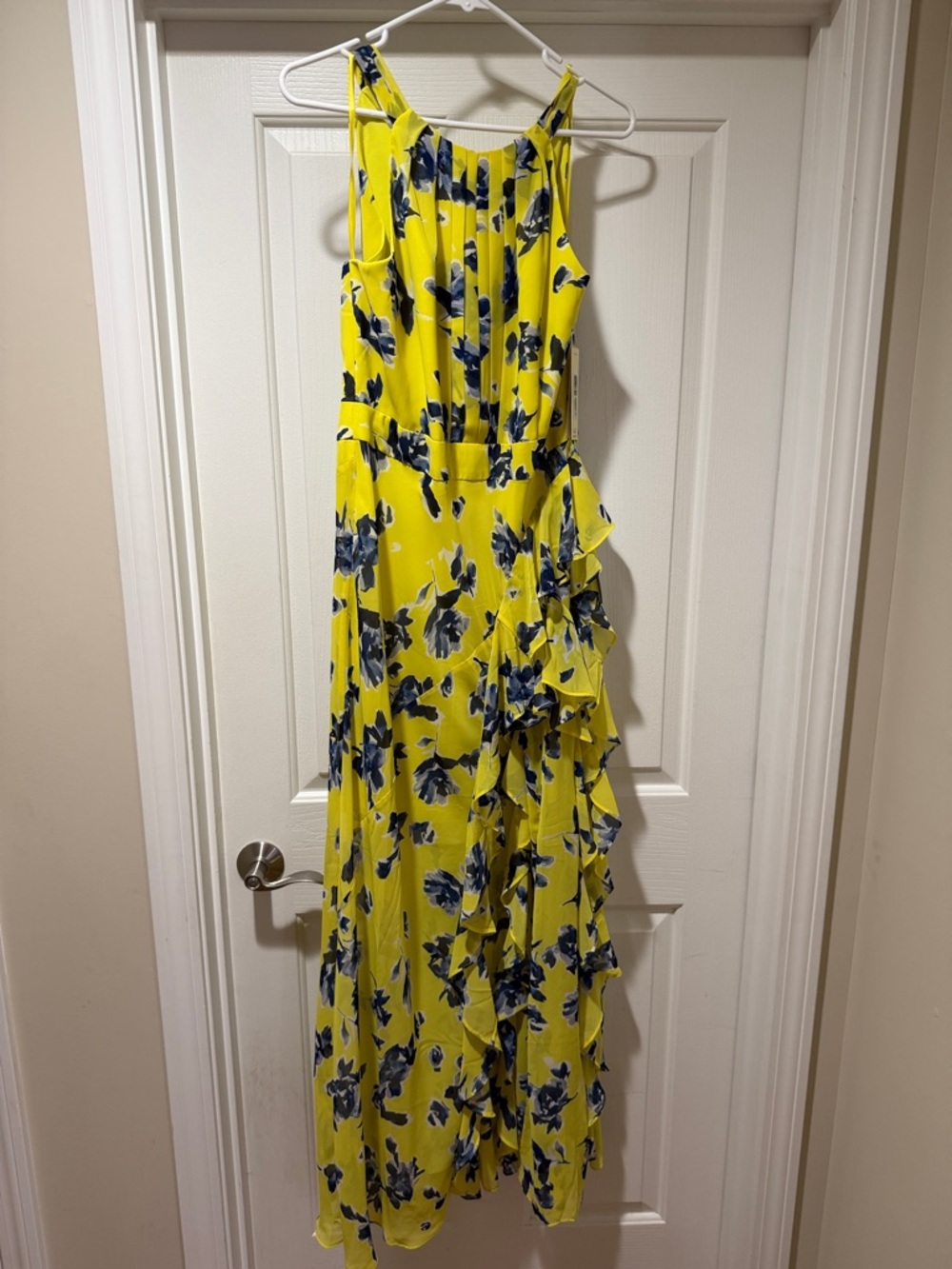 Eliza J Yellow Floral Ruffle Maxi Dress with Navy Accents